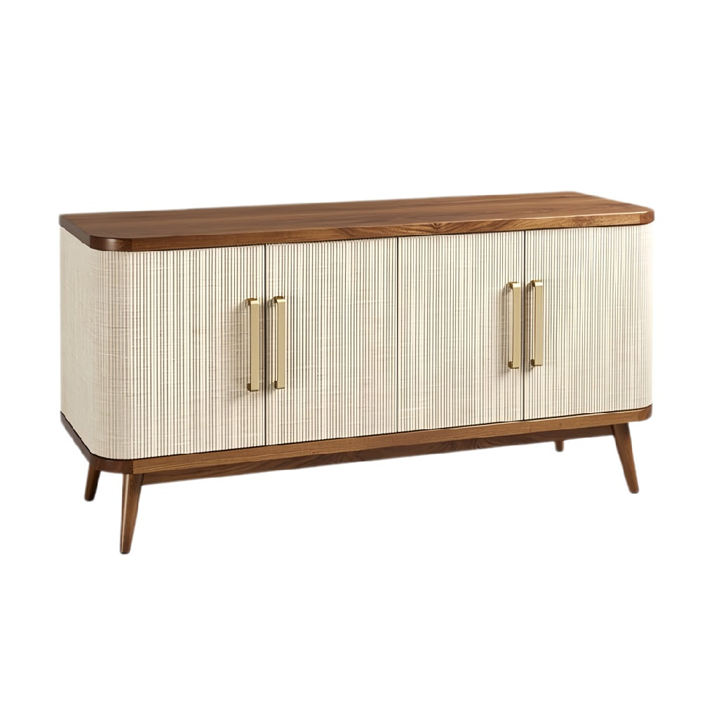 Moderne houten TV-kast met gouden handgrepen en gestreepte fronten